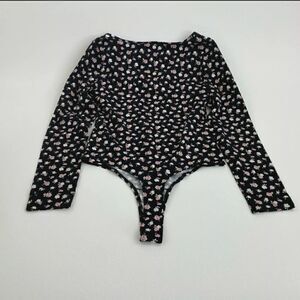 Victoria's Secret PINK Cotton Long Sleeve Floral Bodysuit Top  Black Size M  NWT